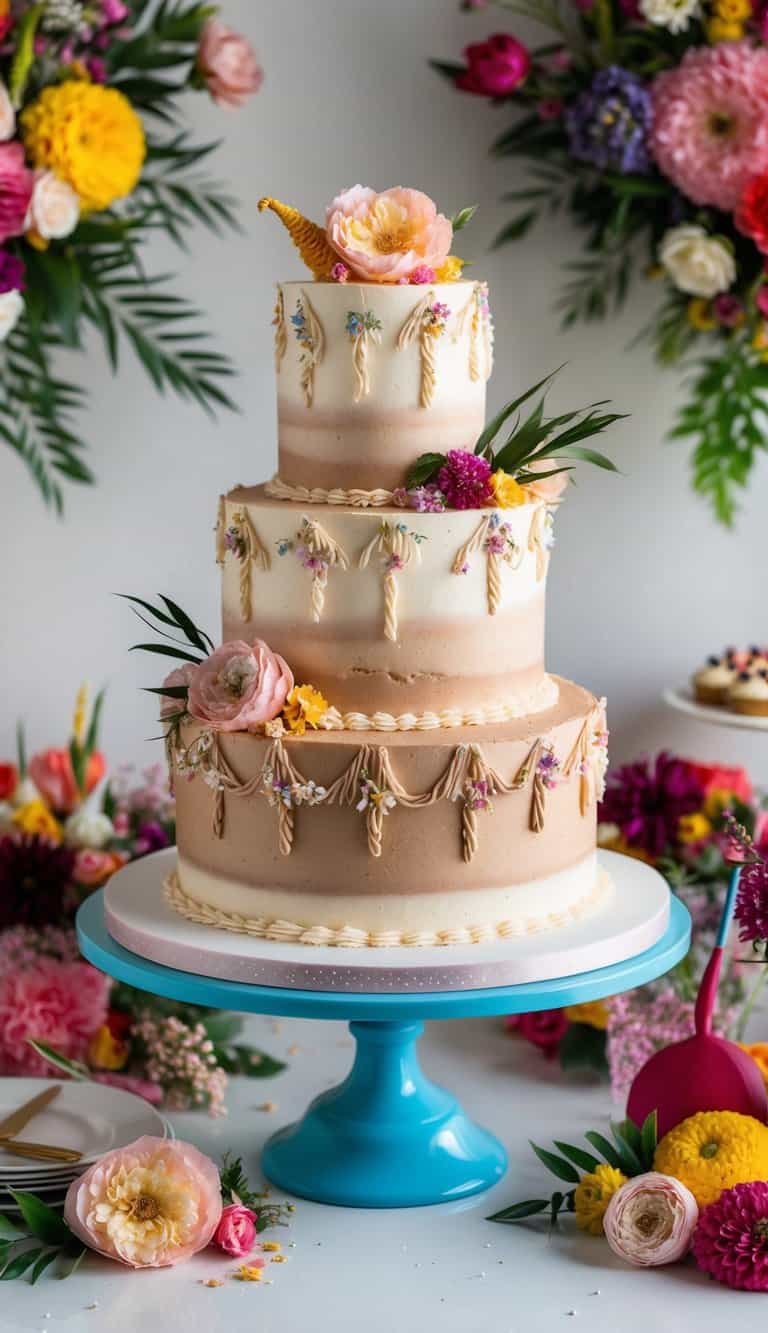 A decadent Dulce de Leche cake adorned with delicate quinceañera-themed decorations, surrounded by vibrant floral arrangements and festive party decor