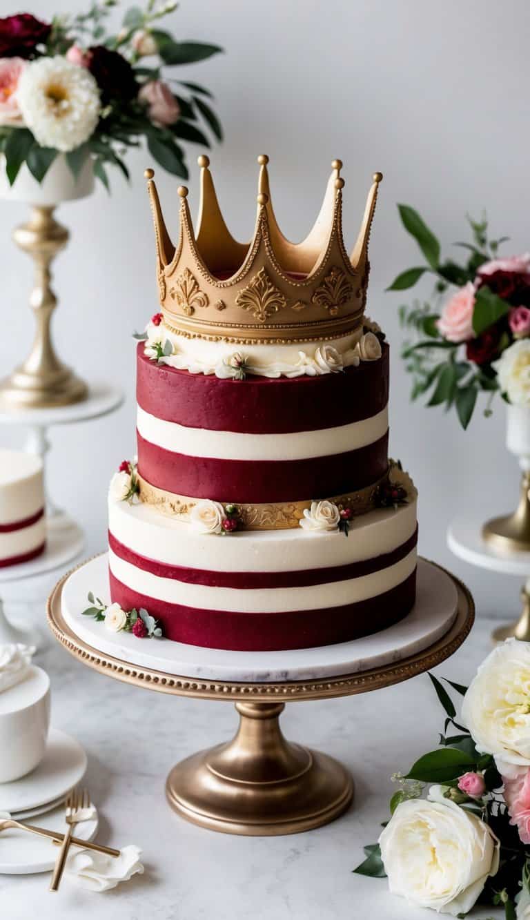 A red velvet crown cake adorned with gold accents and intricate detailing, set on a grand display stand surrounded by floral arrangements