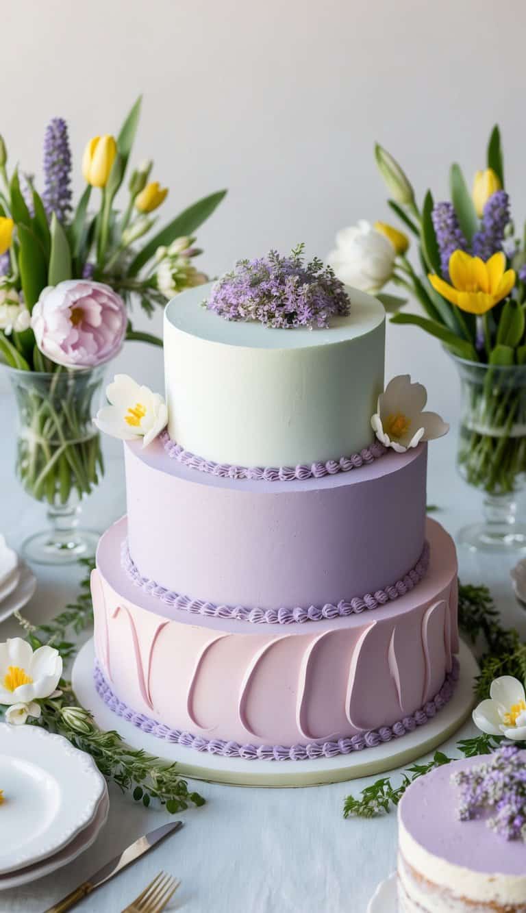A table adorned with a pastel-colored cake topped with lavender honey ganache, surrounded by spring flowers and greenery