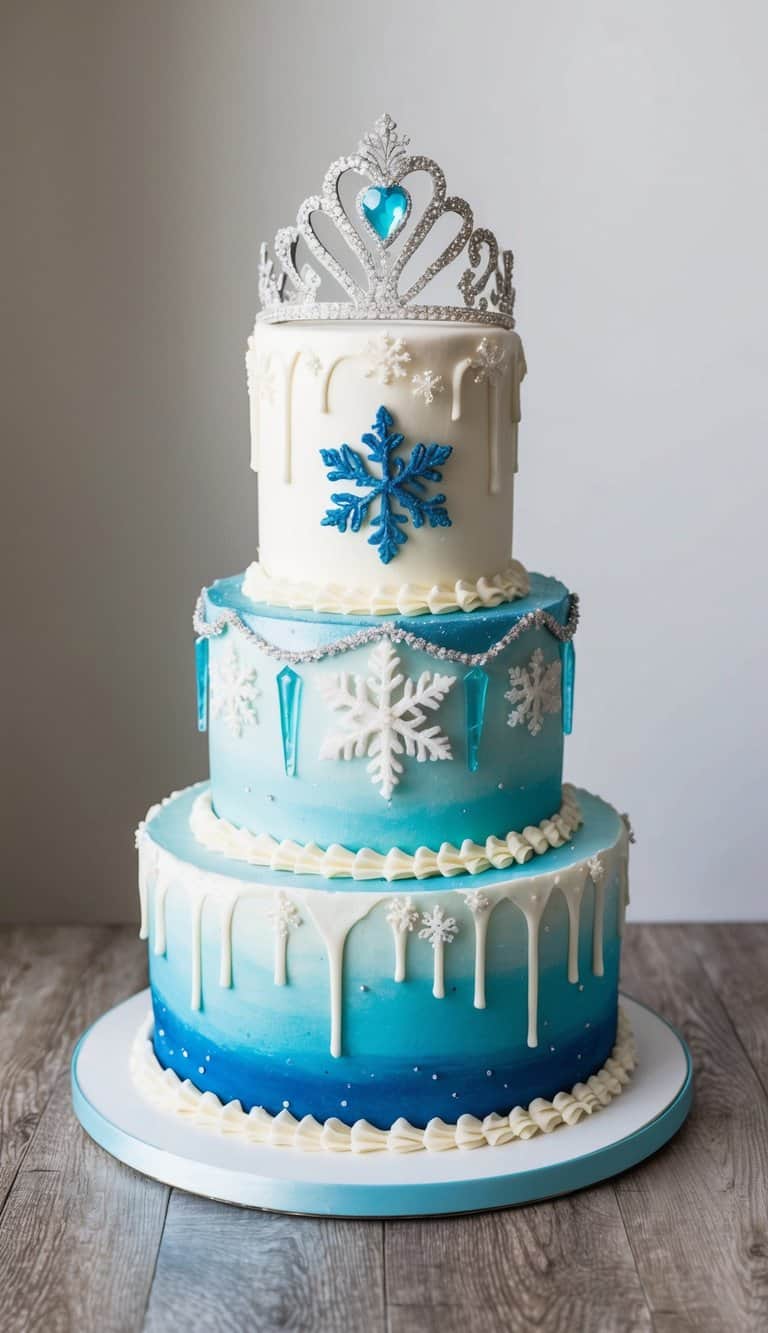 A Frozen-themed cake adorned with snowflakes, icicles, and a sparkling tiara to celebrate a quinceañera