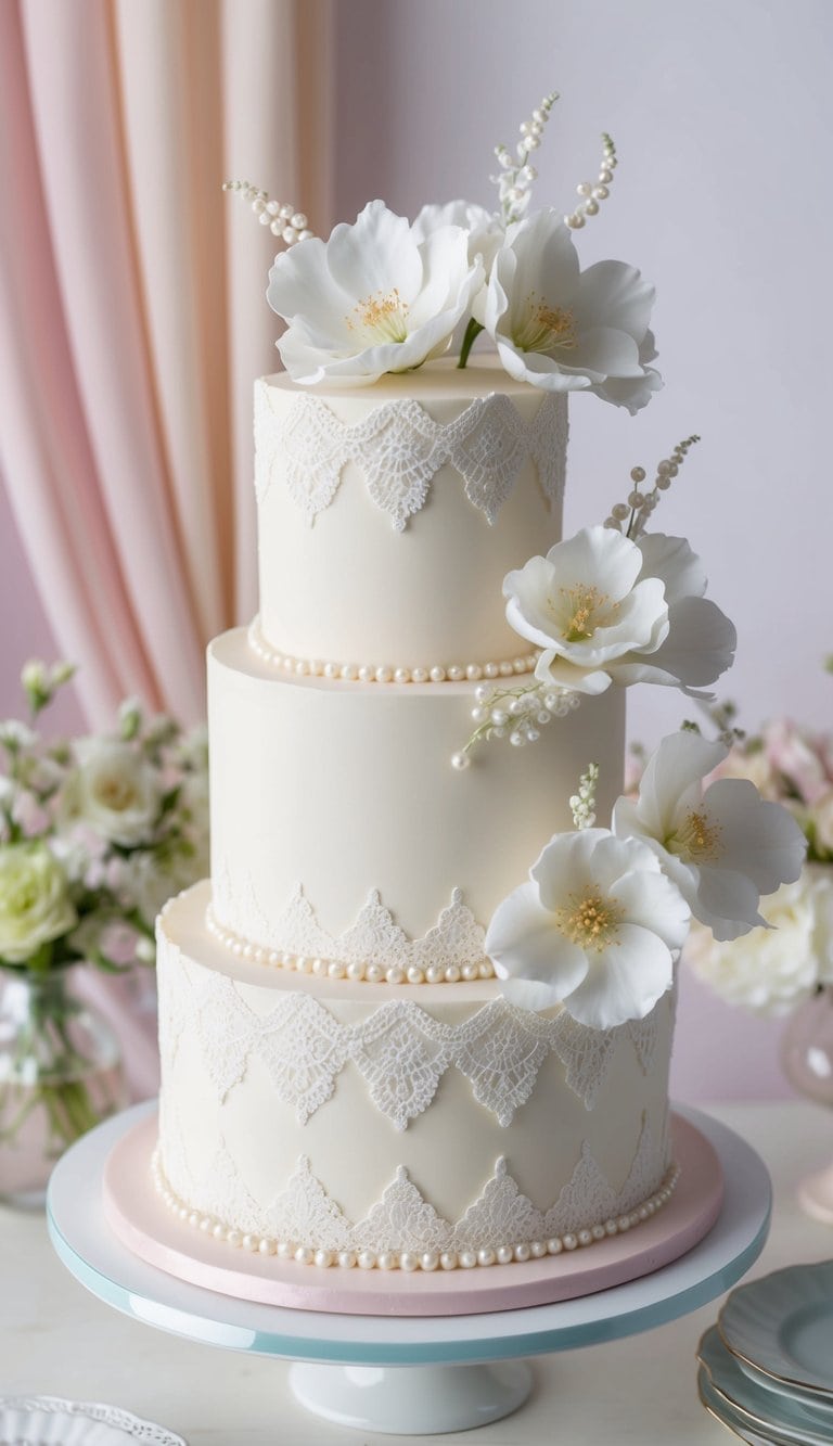 A vintage lace cake adorned with delicate white flowers and pearl details, set against a backdrop of soft pastel colors and elegant decor