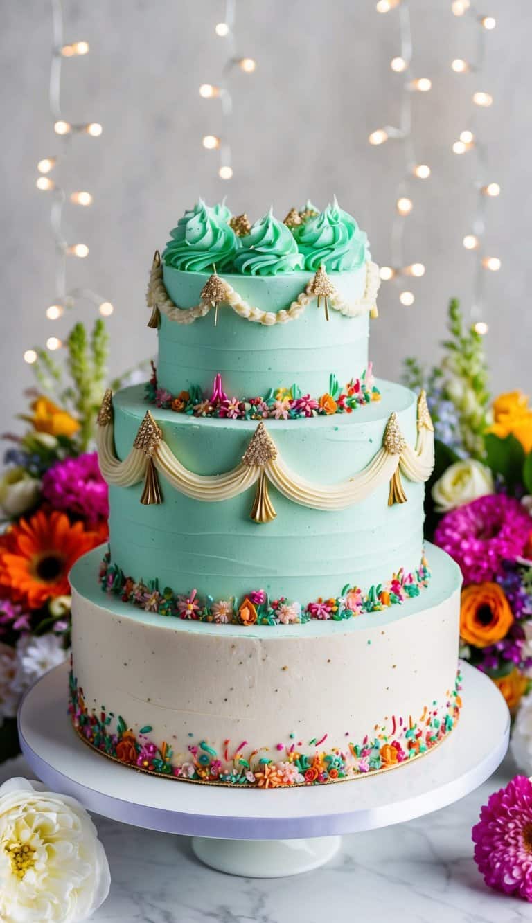 A mint chocolate chip cake adorned with elegant quinceañera-themed decorations, surrounded by vibrant floral arrangements and sparkling lights