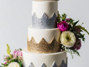 A four-tiered wedding cake with alternating silver and gold glitter patterns. Topped with a silver tiara, it features pink and white roses and green leaves as decorations. The background is plain white.