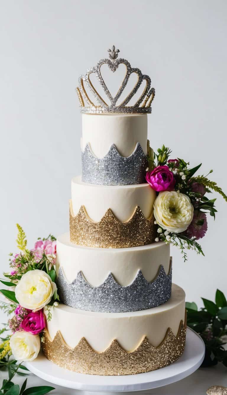 A tiered cake adorned with glittering gold and silver accents, topped with a sparkling tiara and surrounded by vibrant floral arrangements
