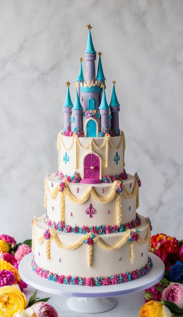 A grand fairy tale castle cake adorned with intricate details and surrounded by vibrant quinceañera decorations