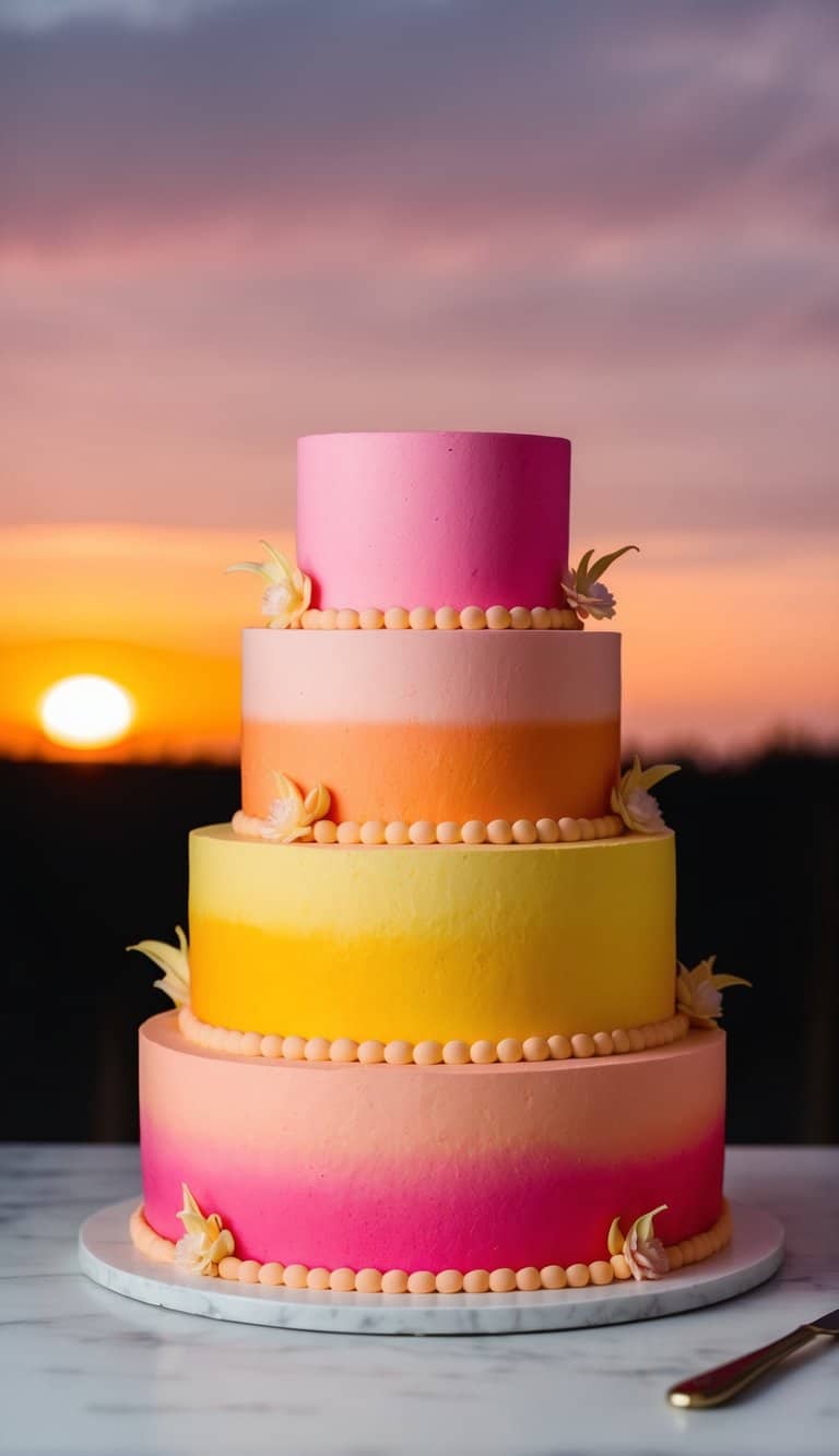 A tiered ombre cake in shades of pink, orange, and yellow, illuminated by the warm glow of a sunset in the background