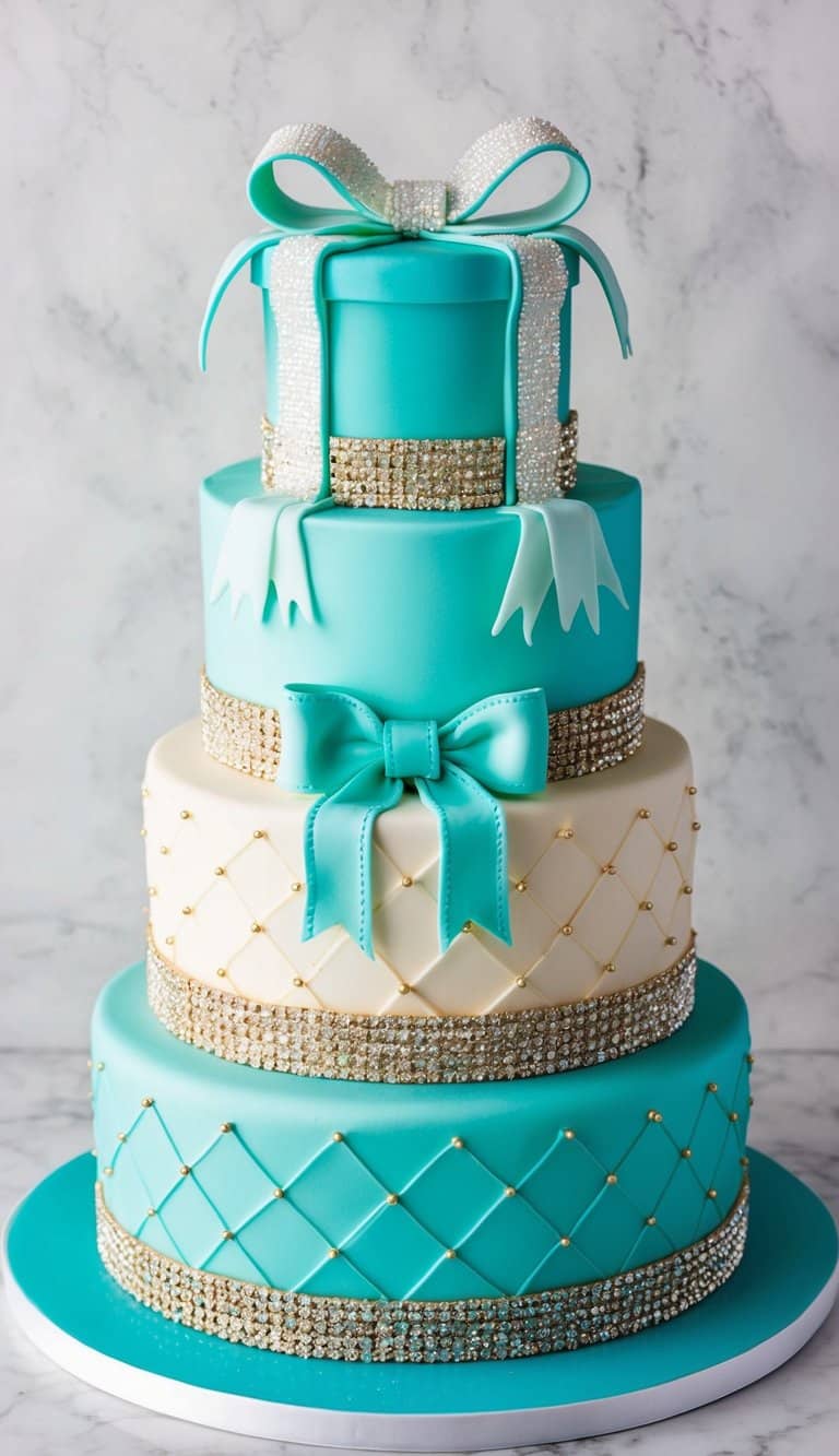 A tiered quinceañera cake in the shape of a Tiffany box, adorned with elegant ribbons and a sparkling bow