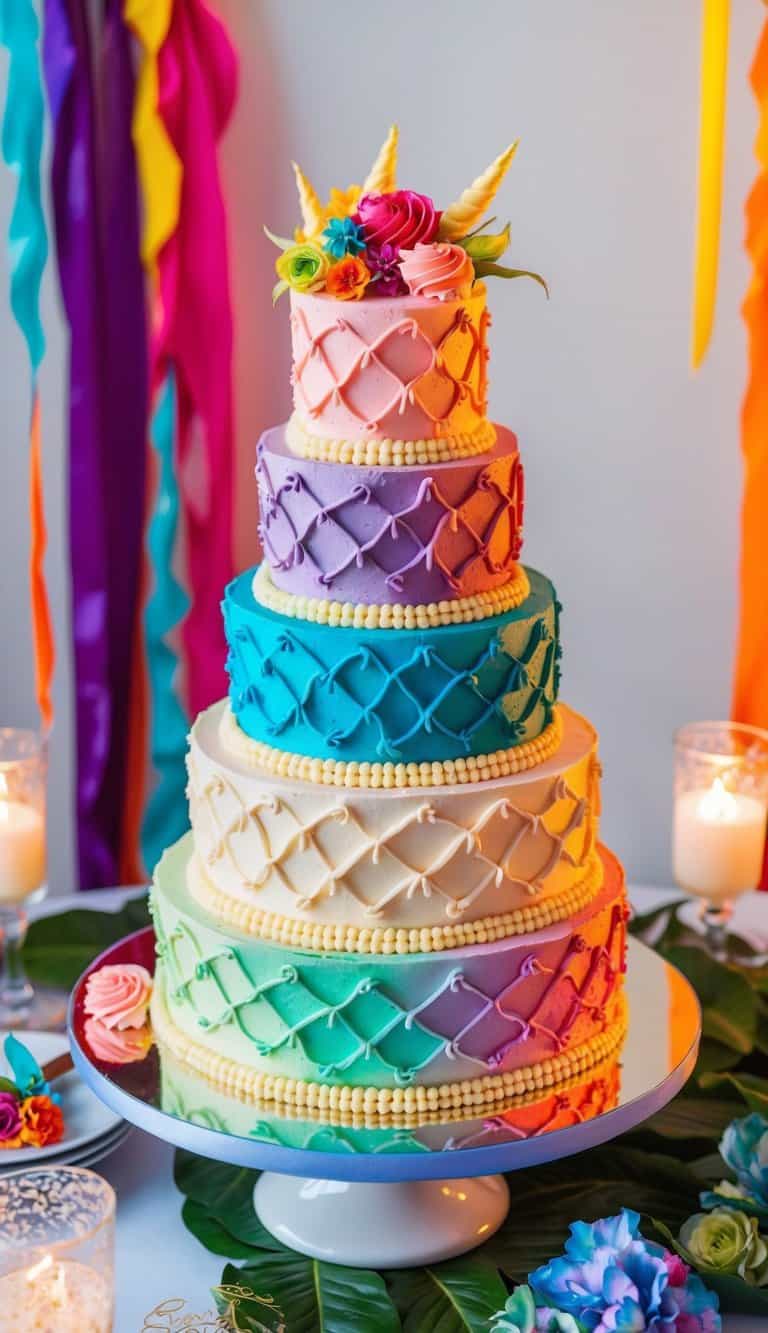 A colorful infinity mirror cake surrounded by vibrant quinceañera decorations and a glowing ambiance