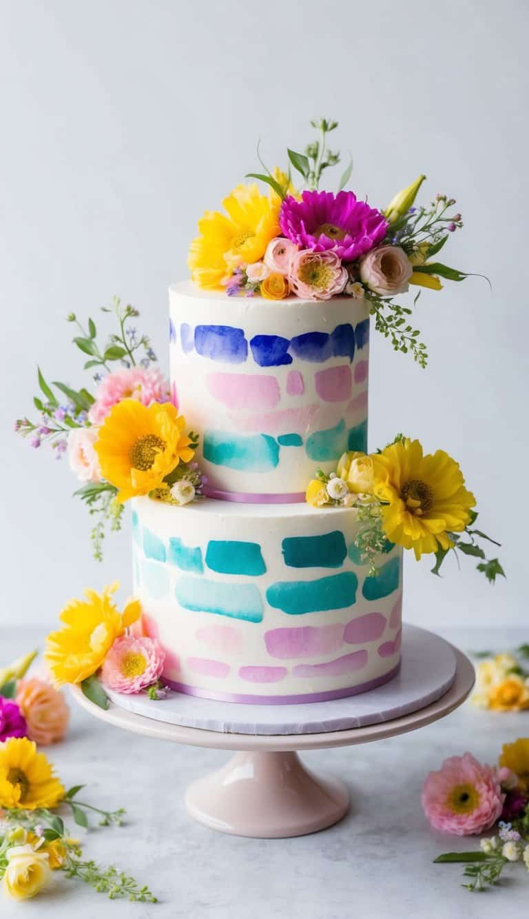 A vibrant watercolor brushstroke cake surrounded by colorful floral decorations, set on a delicate cake stand