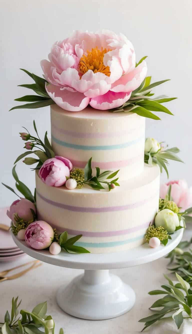 A vibrant peony blooms atop a frosted spring cake, surrounded by pastel-colored decorations and fresh greenery