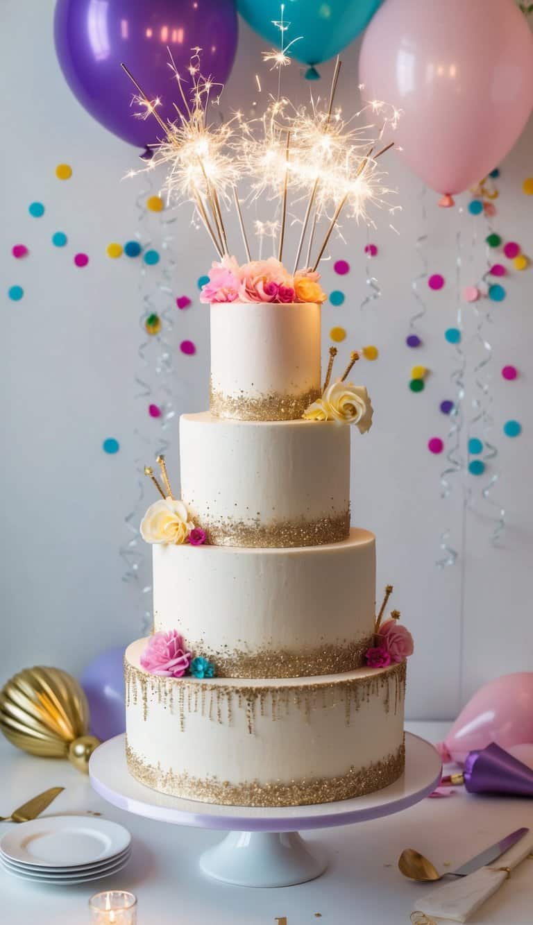 A grand tiered cake adorned with sparklers and vibrant decorations, set against a festive backdrop of balloons and confetti