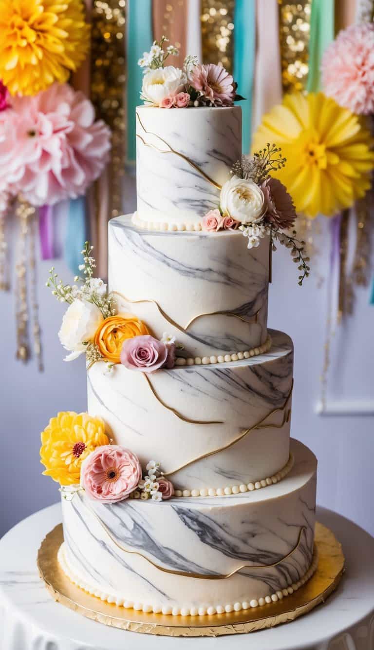 A multi-tiered marble effect cake adorned with delicate flowers and elegant details, set against a backdrop of festive quinceañera decor
