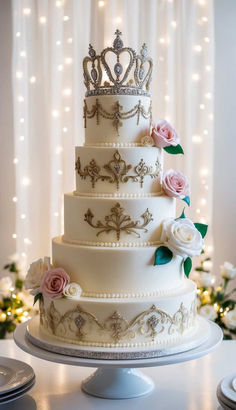 A grand tiered cake adorned with tiaras, roses, and intricate designs, set against a backdrop of elegant decorations and twinkling lights