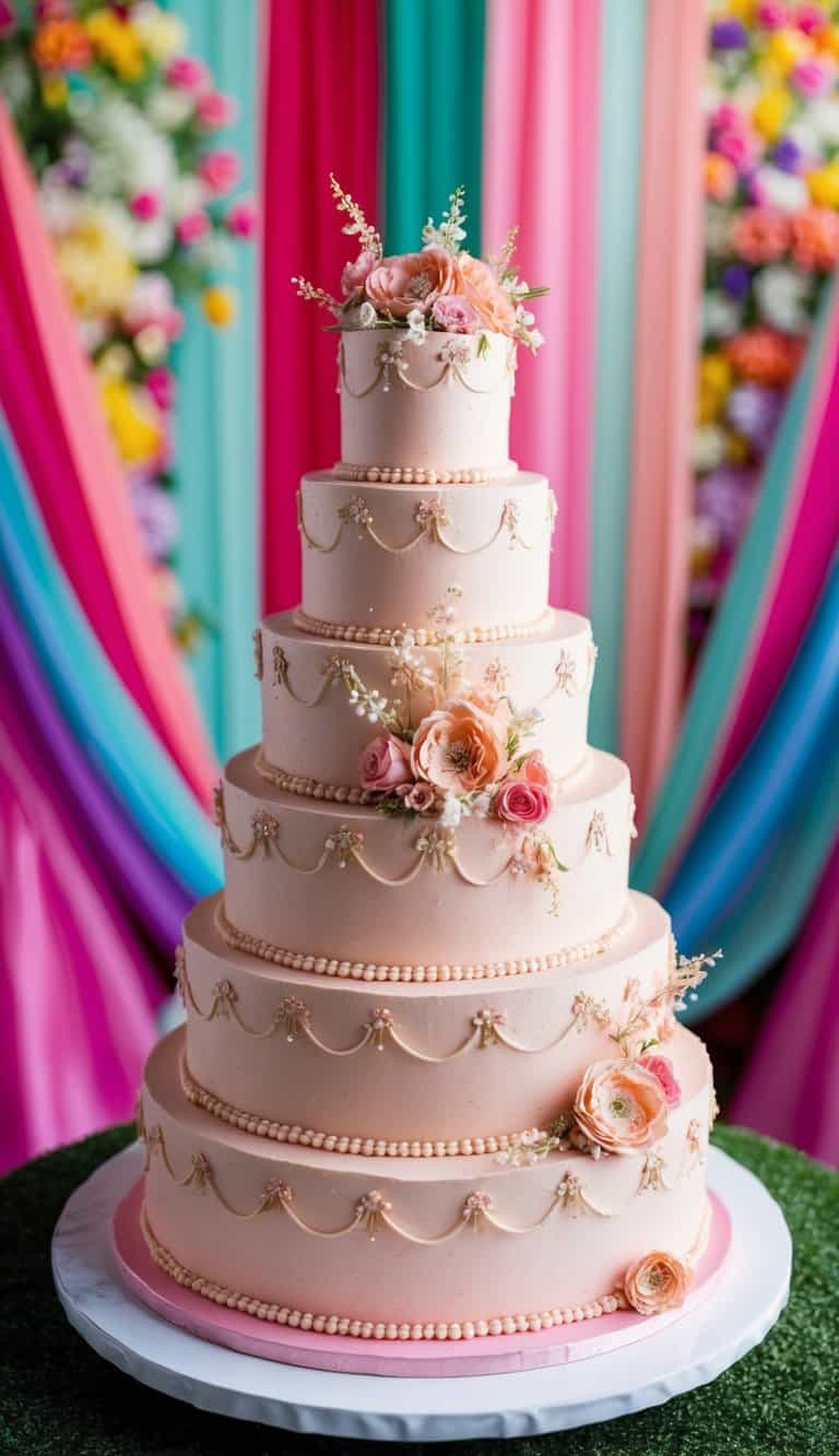 A tiered pink champagne cake adorned with delicate floral decorations, set against a backdrop of vibrant quinceañera festivities