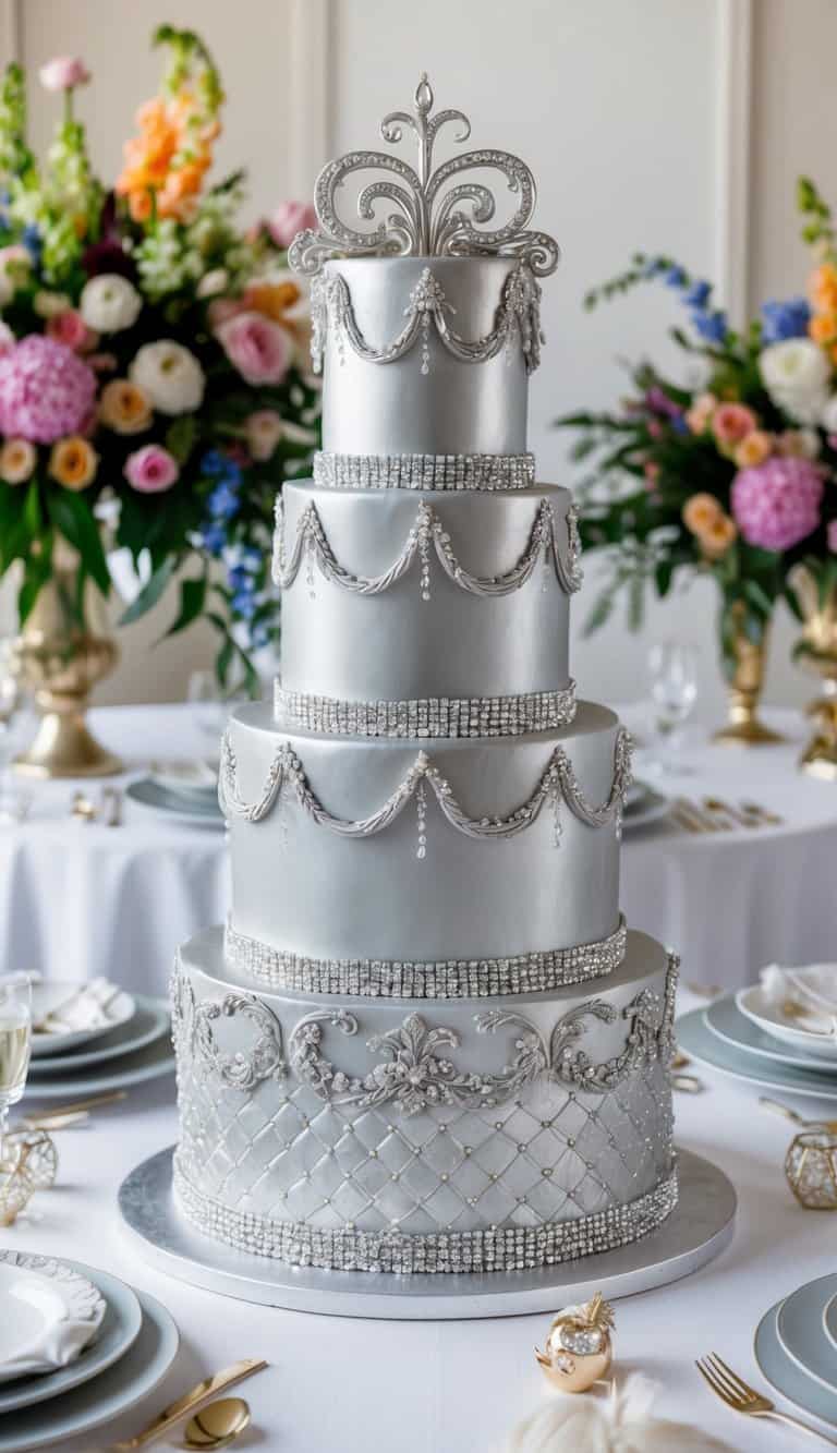 A silver glam cake adorned with ornate details and sparkling accents, set against a backdrop of vibrant floral arrangements and elegant table settings
