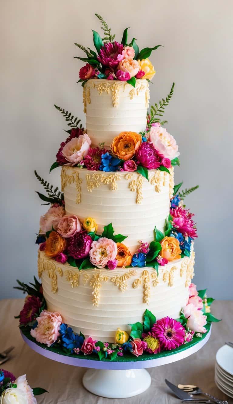 A tiered floral cascade cake stands as the centerpiece of a quinceañera celebration, adorned with vibrant blooms and intricate detailing