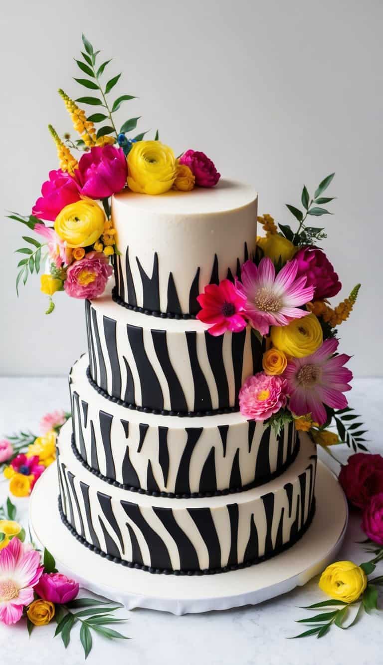 A colorful zebra stripes cake surrounded by vibrant floral decorations