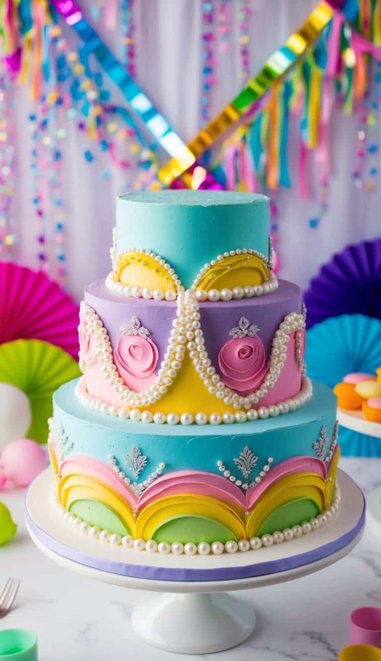 A colorful, tiered cake adorned with edible pearls and intricate designs, set against a festive backdrop with vibrant decorations and a celebratory atmosphere