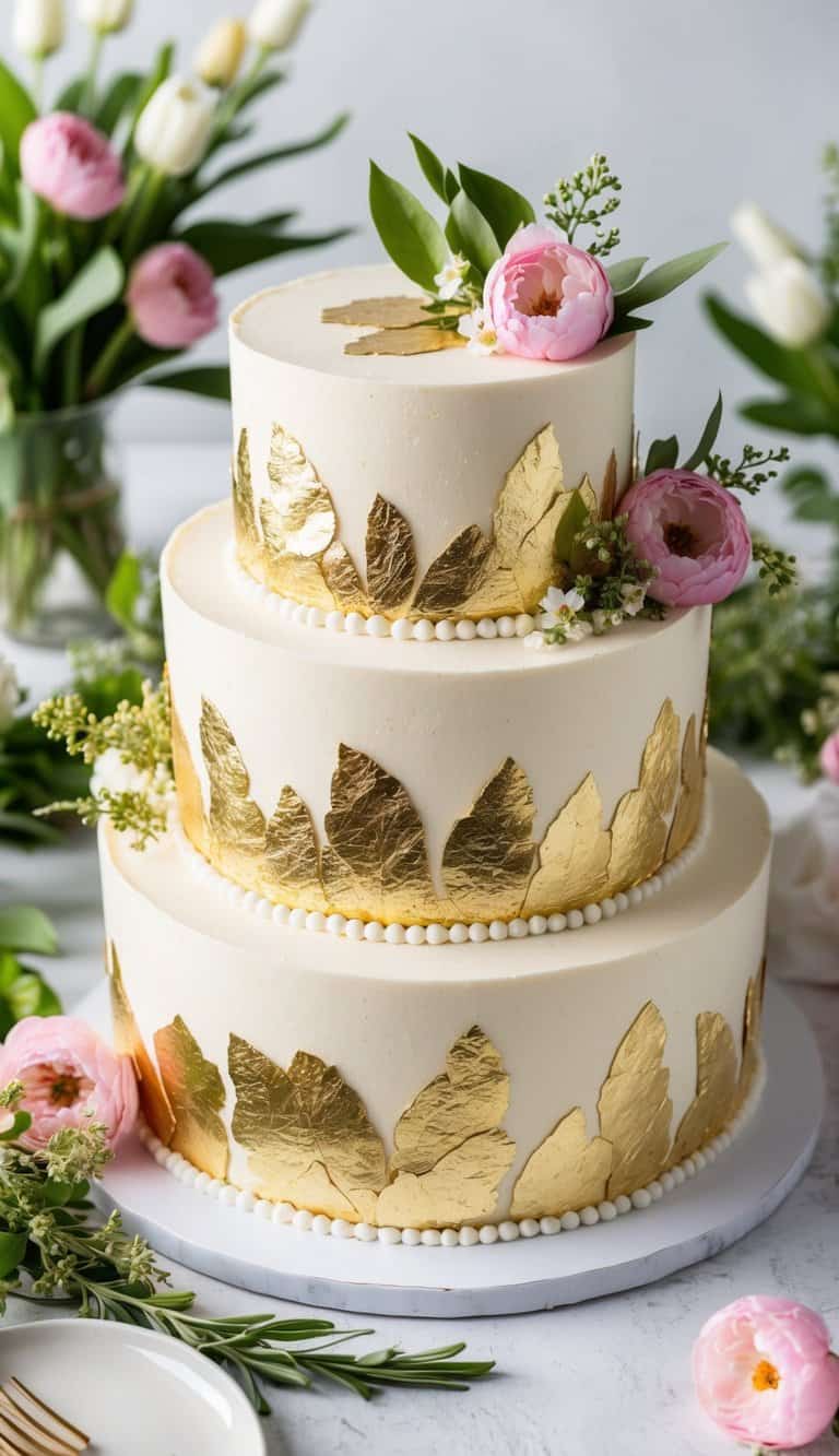 A vibrant spring cake adorned with edible gold leaf, surrounded by fresh flowers and greenery