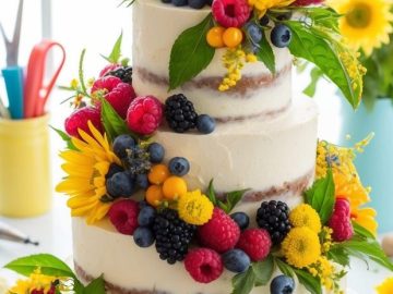 A three-tiered naked cake adorned with sunflowers, raspberries, blackberries, blueberries, and greenery. The cake is set on a white cake stand, surrounded by flowers and fruits on a marble surface near a window.