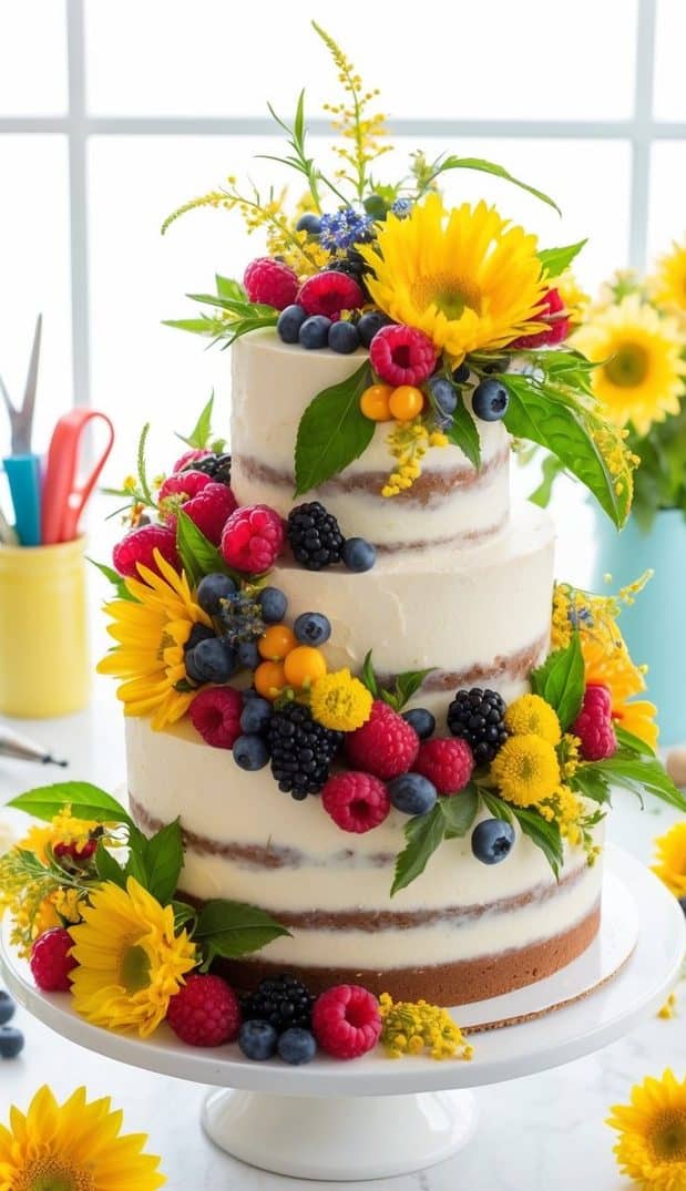 A colorful array of fresh wild berries and vibrant summer flowers arranged on a cake, surrounded by decorating tools and a bright, sunny backdrop