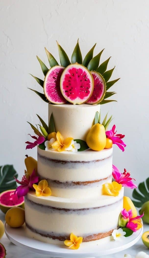 A tropical-themed, two-tiered semi-naked cake adorned with fresh flowers and fruits, including dragon fruit, lemons, and plumeria flowers. It is set on a white cake stand with a background of tropical leaves.