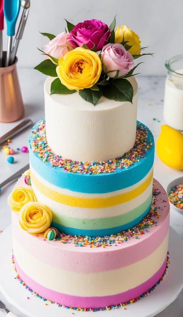 A rose bouquet sits atop a vibrant summer cake surrounded by various cake decorating tools and colorful sprinkles