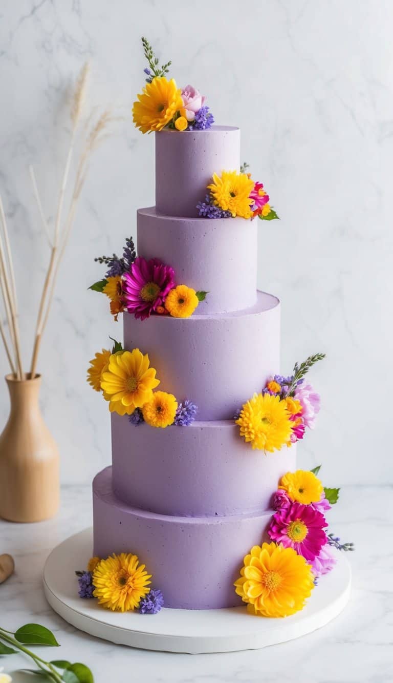 A vibrant summer cake with lavender buttercream swirls and colorful floral decorations