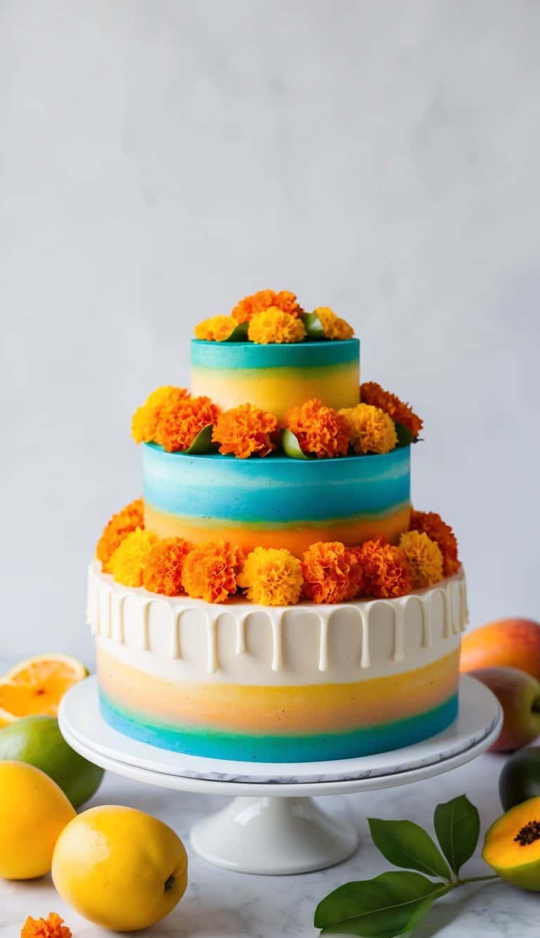A colorful array of mango marigolds and cheery summer fruits arranged on a vibrant cake