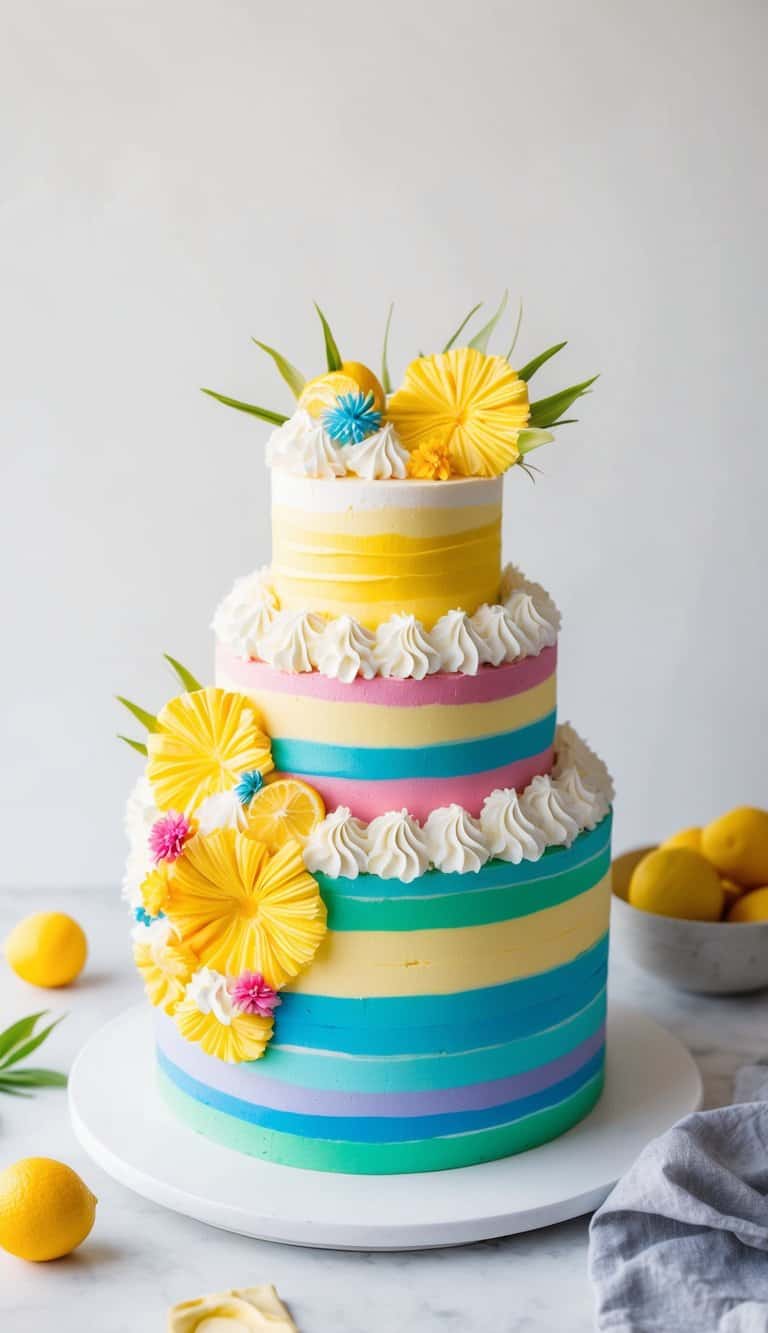 A colorful summer cake adorned with whipped cream ruffles and vibrant decorations