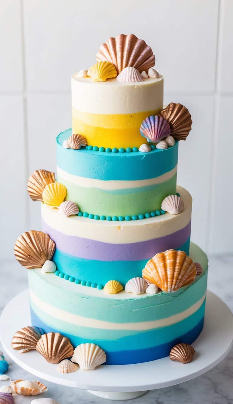 A colorful summer cake adorned with mini chocolate seashells and vibrant decorations
