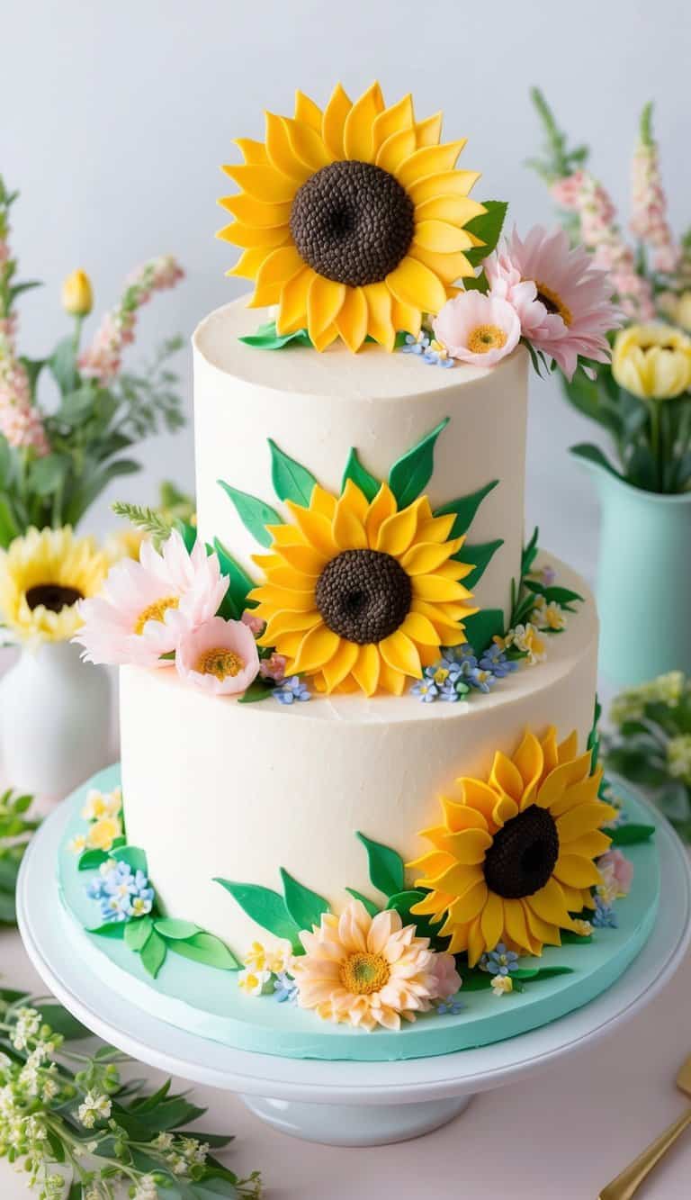A vibrant sunflower fondant pattern adorns a spring cake surrounded by pastel-colored flowers and greenery