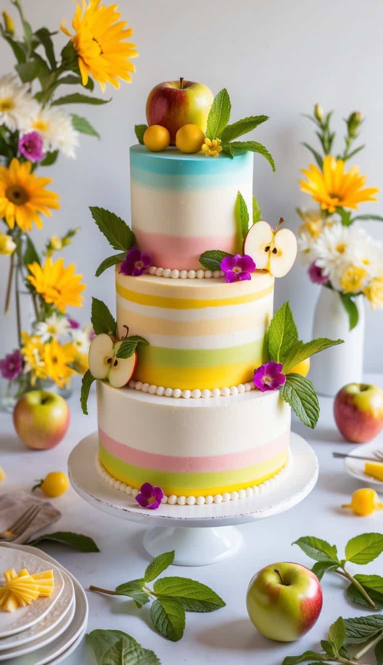 A colorful summer cake adorned with apple and mint leaves, surrounded by vibrant flowers and fruits