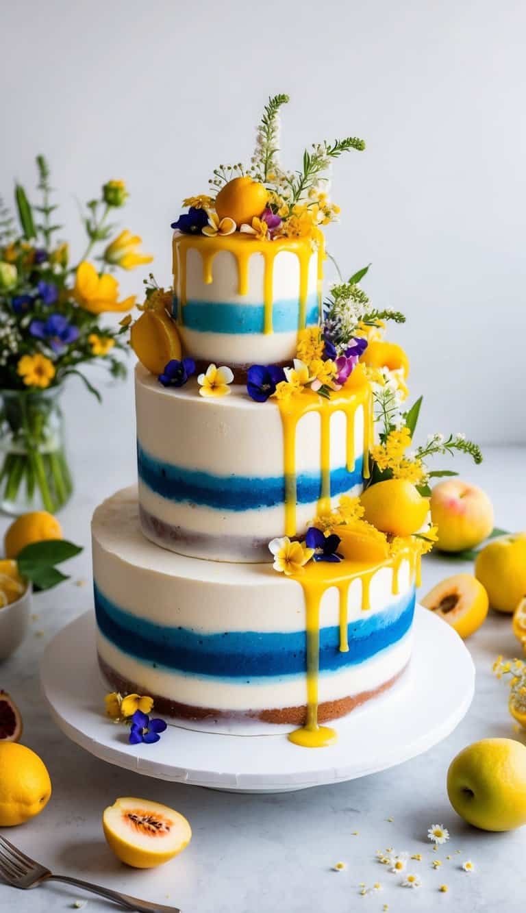 A vibrant summer cake adorned with elderflower syrup dripping down the sides, surrounded by colorful fruits and flowers