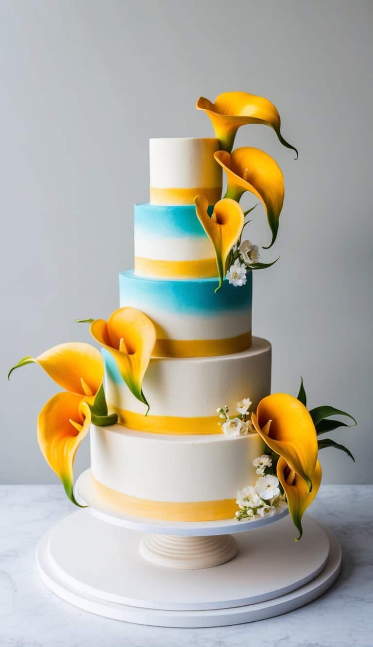 A vibrant summer cake adorned with elegant calla lilies