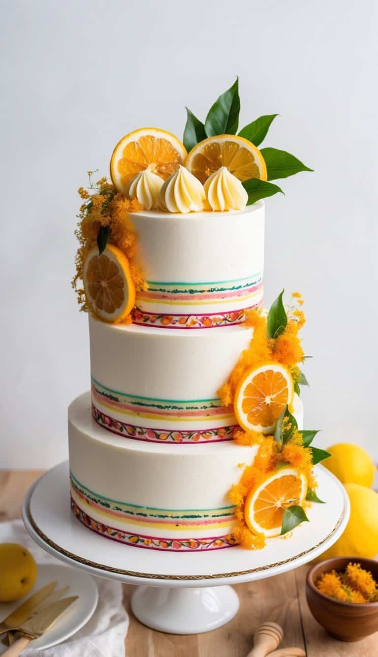 A colorful summer cake adorned with candied ginger zest and vibrant decorations