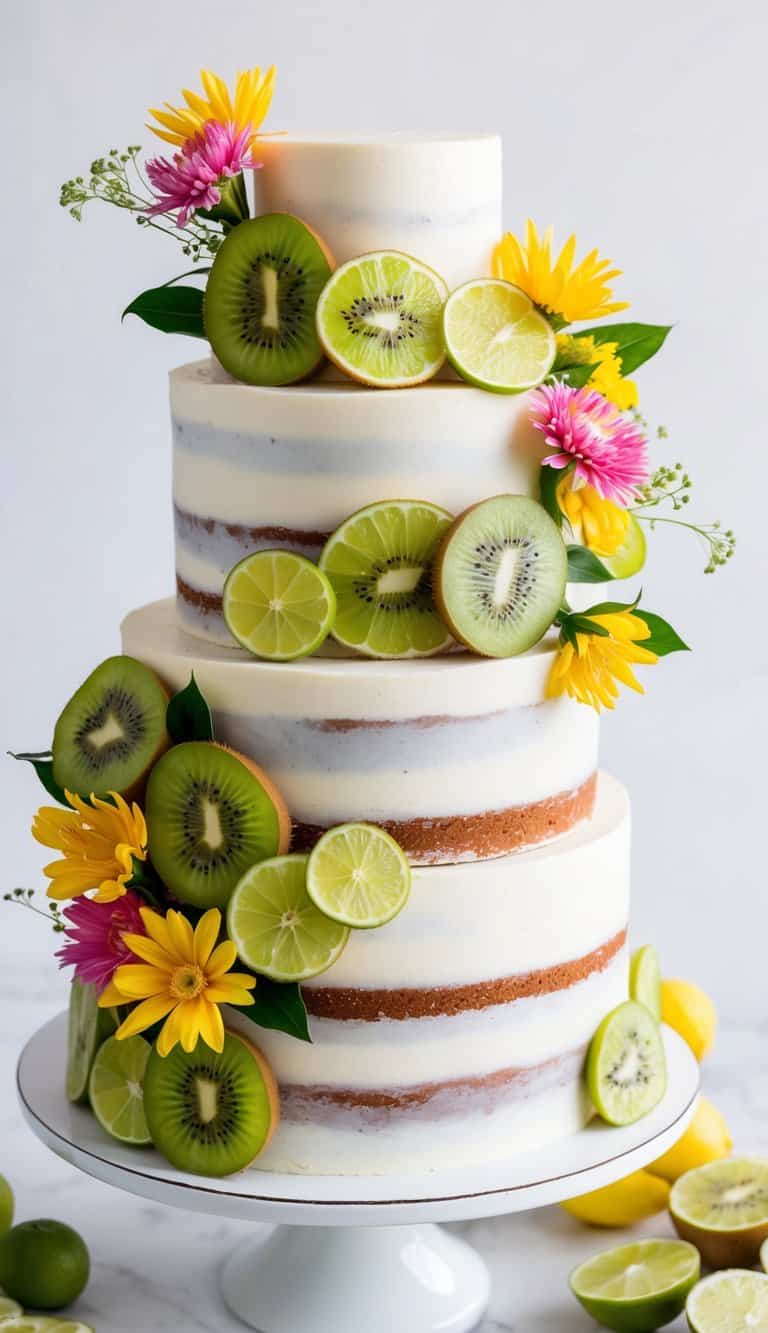 A colorful array of kiwi and lime slices, vibrant flowers, and summery decorations adorning a freshly baked cake