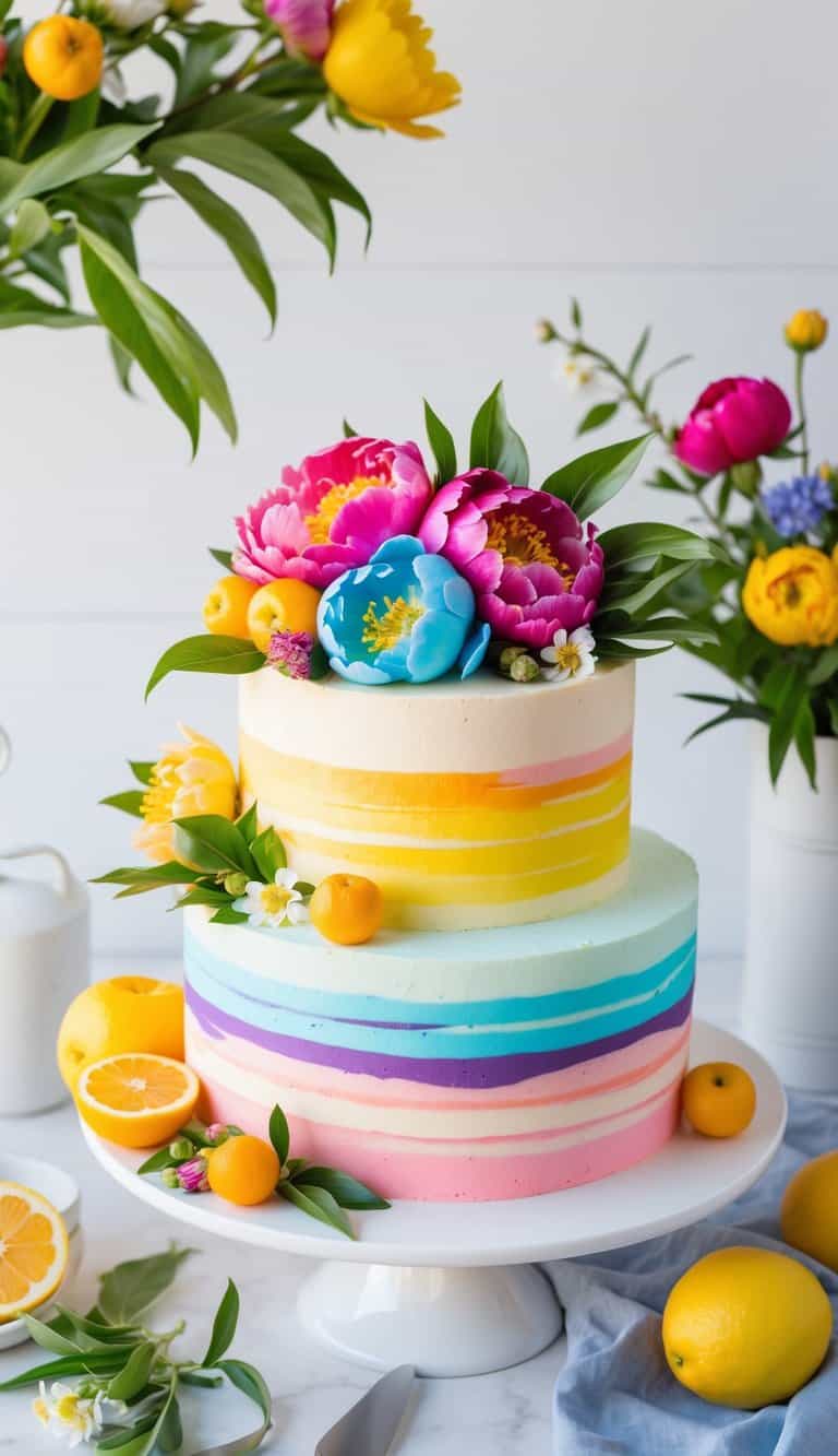 A colorful peony-inspired frosting adorns a vibrant summer cake surrounded by fresh flowers and fruits
