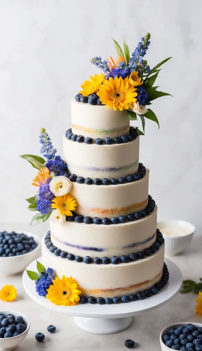 A colorful array of fresh blueberries, vibrant flowers, and swirling frosting adorning a summery cake