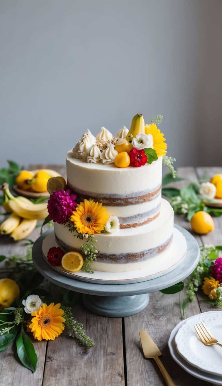 A rustic wooden table adorned with a banana nut brambles summer cake surrounded by vibrant flowers and fruits