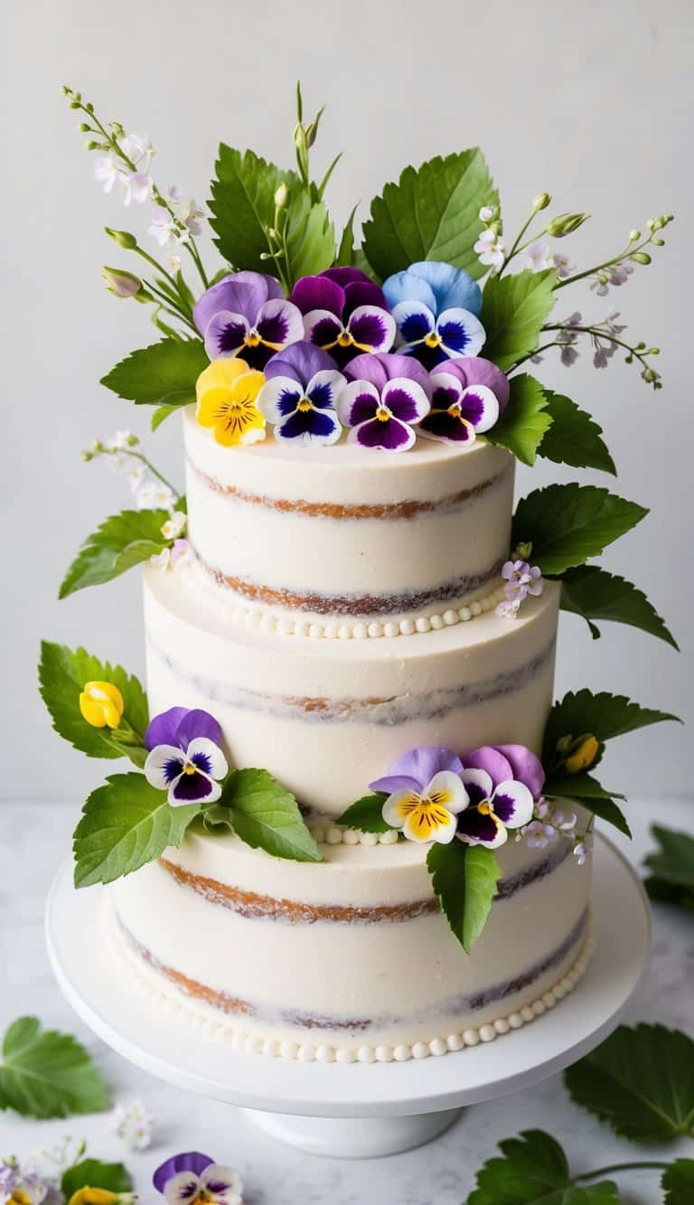 A colorful bouquet of edible pansies arranged on a spring-themed cake, surrounded by vibrant green leaves and delicate floral accents
