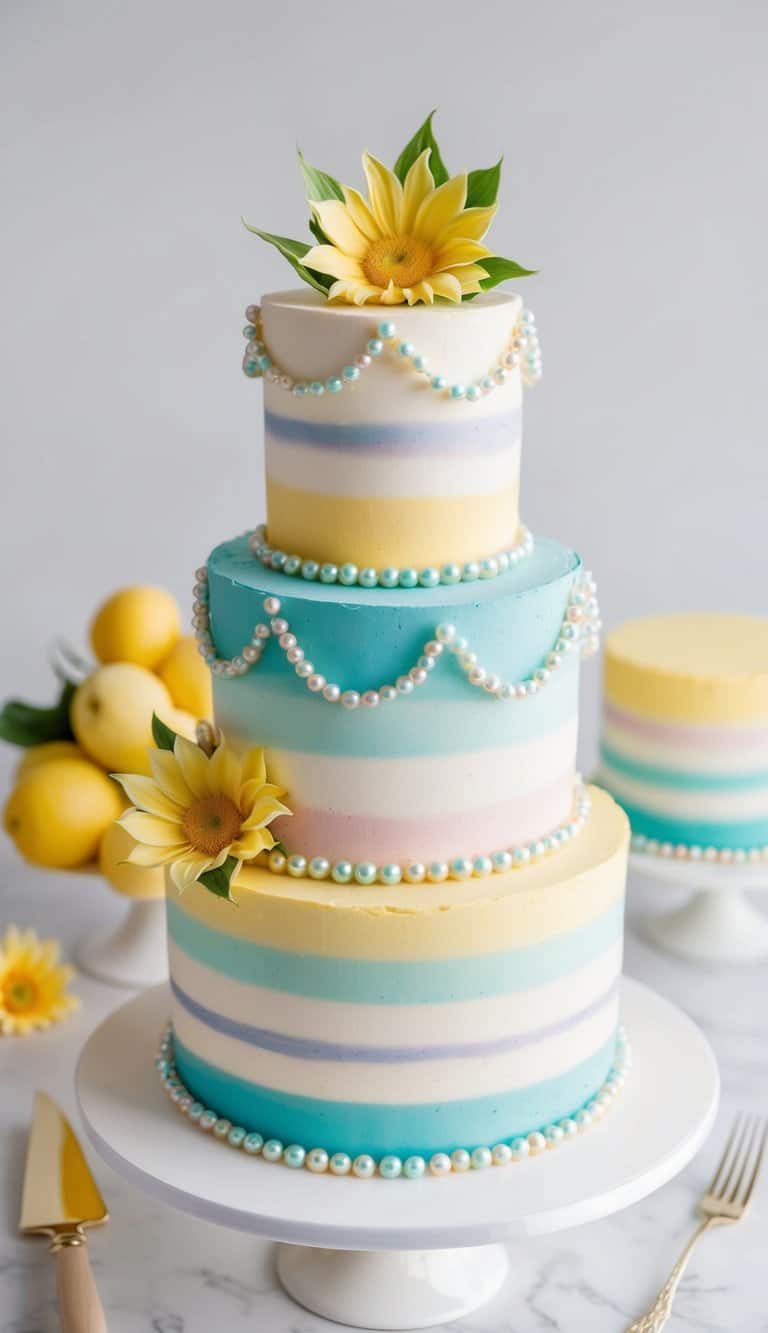 A colorful summer cake adorned with iridescent pearl accents