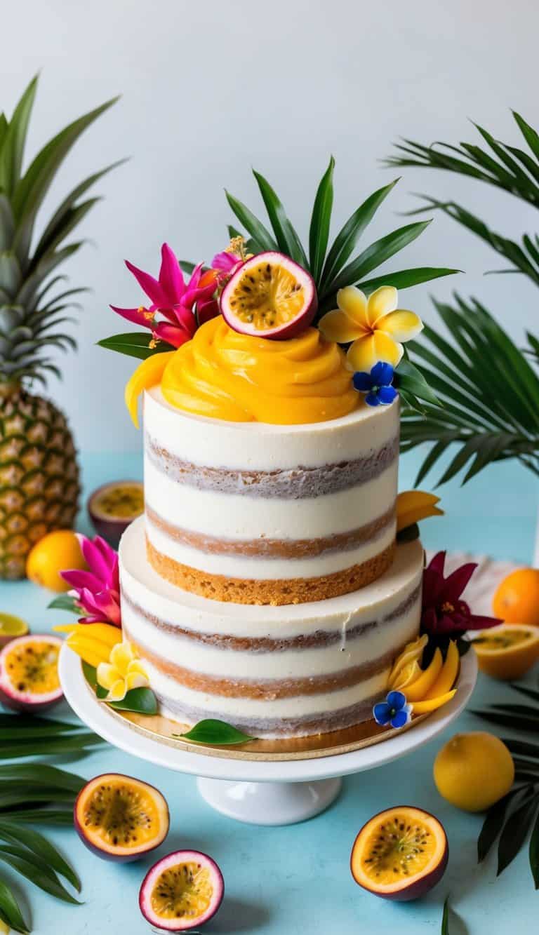 A vibrant tropical cake topped with mango and passionfruit mousse, surrounded by colorful summer fruits and flowers
