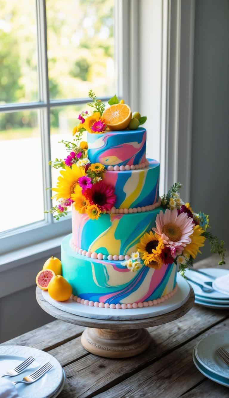 A vibrant, marbled fondant cake sits on a rustic wooden table, adorned with colorful summer flowers and fruits, with the sun shining through a nearby window