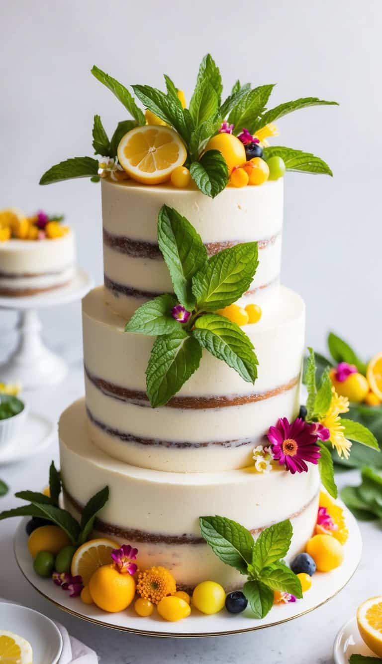 Fresh mint leaves arranged on a vibrant summer cake surrounded by colorful fruits and flowers