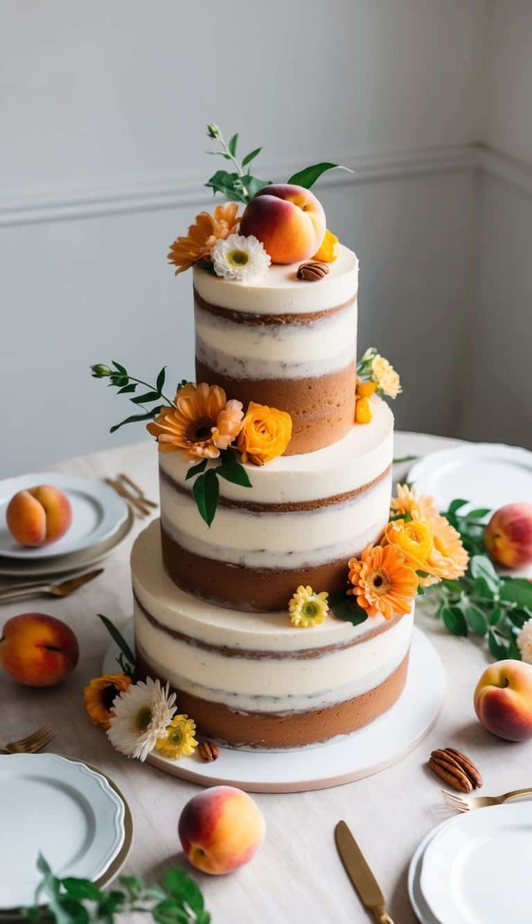 A table adorned with a peach and pecan medley summer cake surrounded by vibrant flowers and fruits