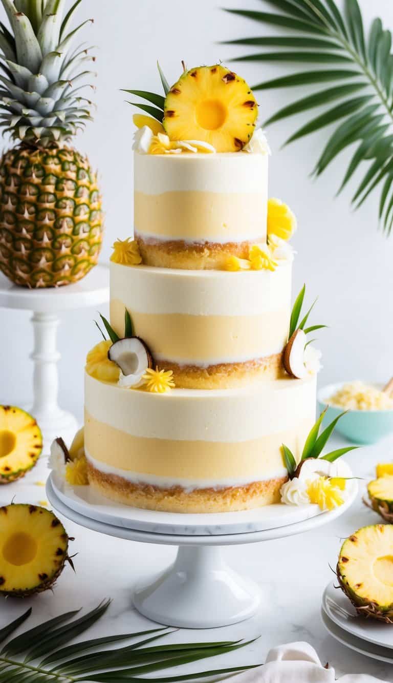 A tropical-themed cake adorned with pineapple and coconut glaze, surrounded by vibrant summer decorations