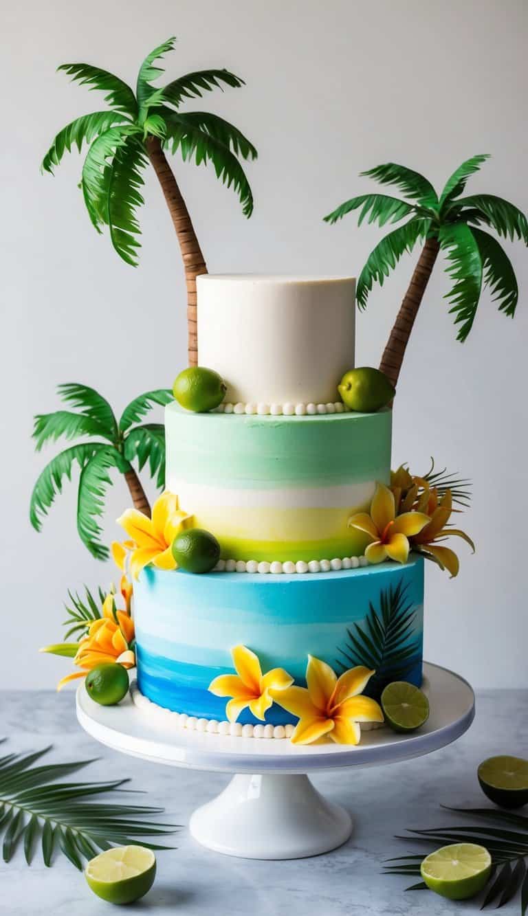 A tropical beach scene with coconut palm trees, limes, and vibrant summer flowers scattered around a decorated cake