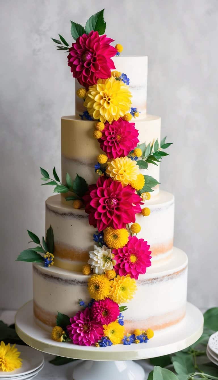 A vibrant dahlia cascades down a summer cake, surrounded by colorful blooms and green foliage