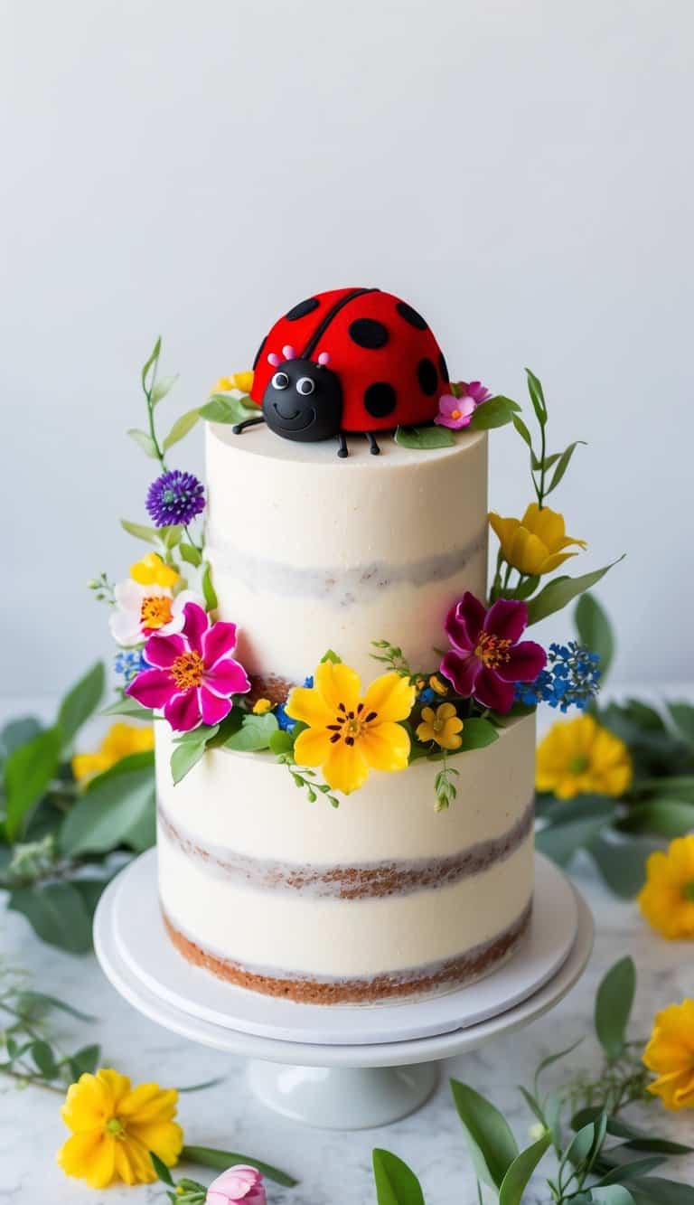 A vibrant red velvet ladybug sits atop a spring-themed cake surrounded by colorful flowers and green foliage